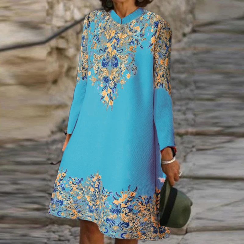 

Classical Floral Print Loose Vintage Dress Ladies Spring Long Sleeve Hem Midi Dress Elegant Women O-neck Luxury Office Dresses