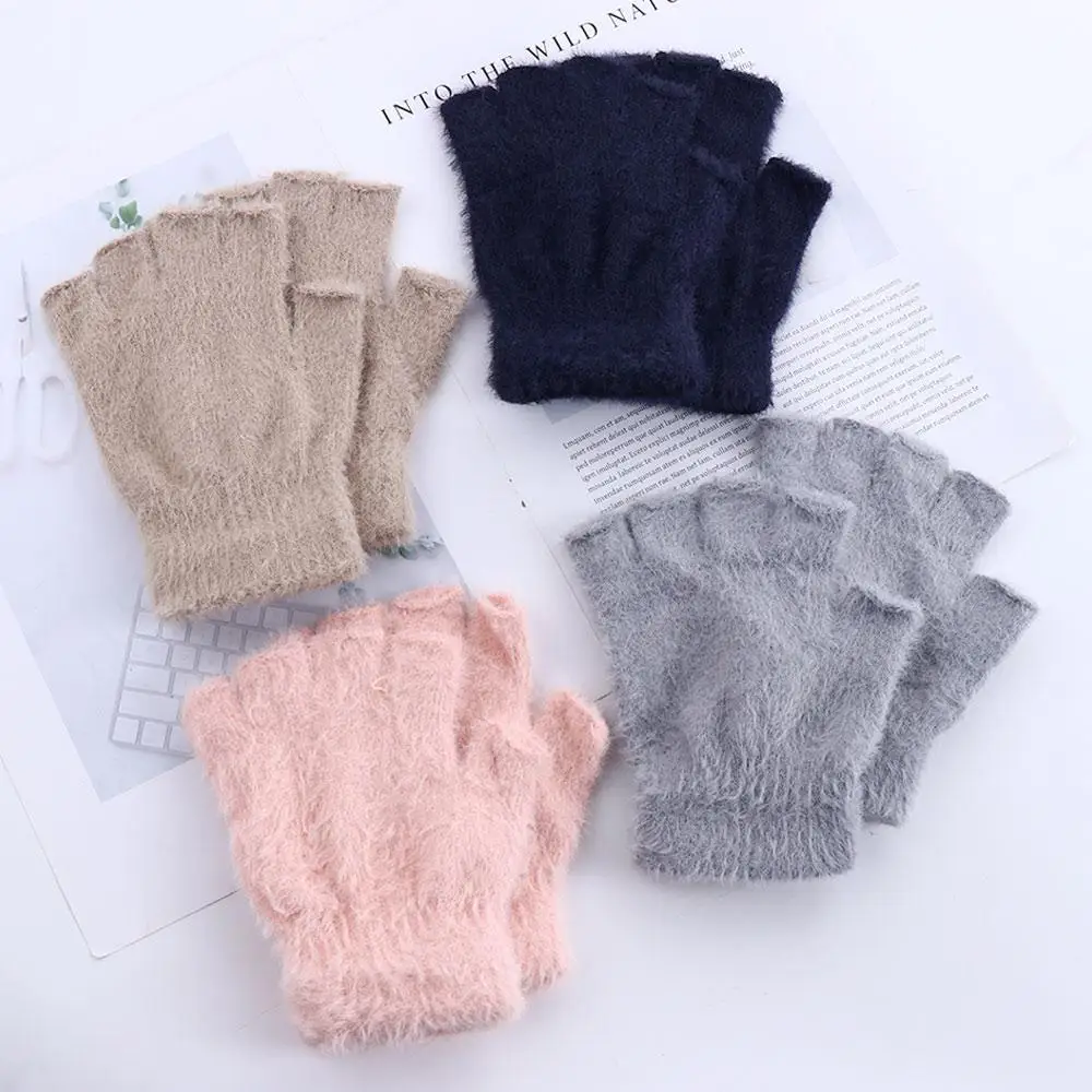 

Warm Autumn Female Outdoors Solid Color Male Warm Hand Accessories Plush Gloves Half-finger Gloves Faux Fur Mittens