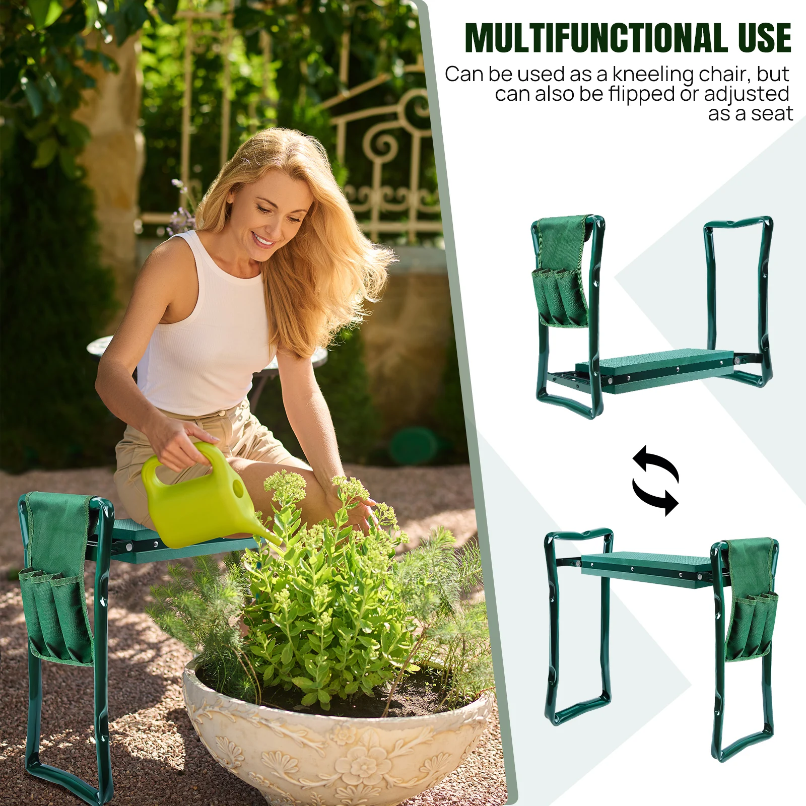 Garten-Kniesitz und -Hocker 2-in-1, faltbar, mit EVA-Polster und 3-Taschen-Tasche – Detail 7