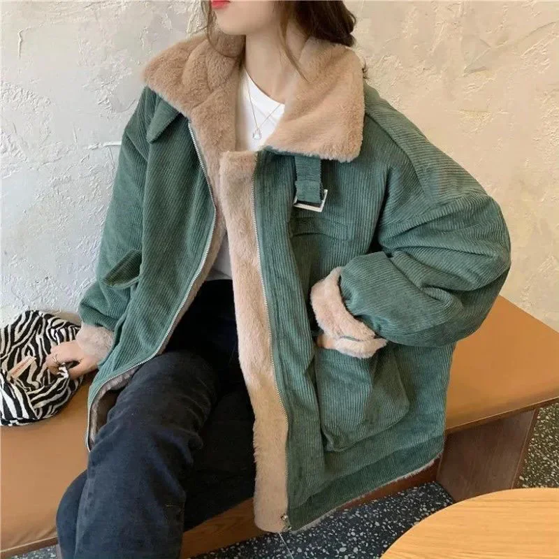 

New Corduroy Velvet Winter Jacket Women 2023 Oversized Thicken Warm Coats Woman Korean Zipper Up Lamb Woolen Jackets Female