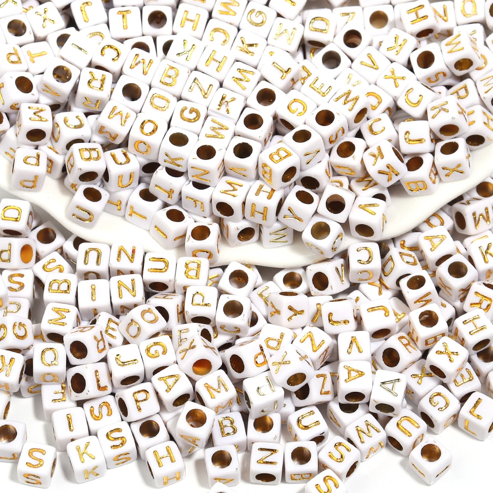 Cube Acrylic Beads 100Pcs/Lot 4.5mm 6mm Alphabet Gold Letter Spacer Loose Beads For DIY Crafts Ornament Making Finding Accesso