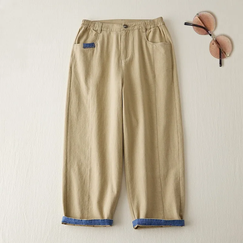 

2023 Spring New Arts Style Women High Waist Khaki Cotton Denim Harem Pants All-matched Casual Ankle-length Loose Jeans