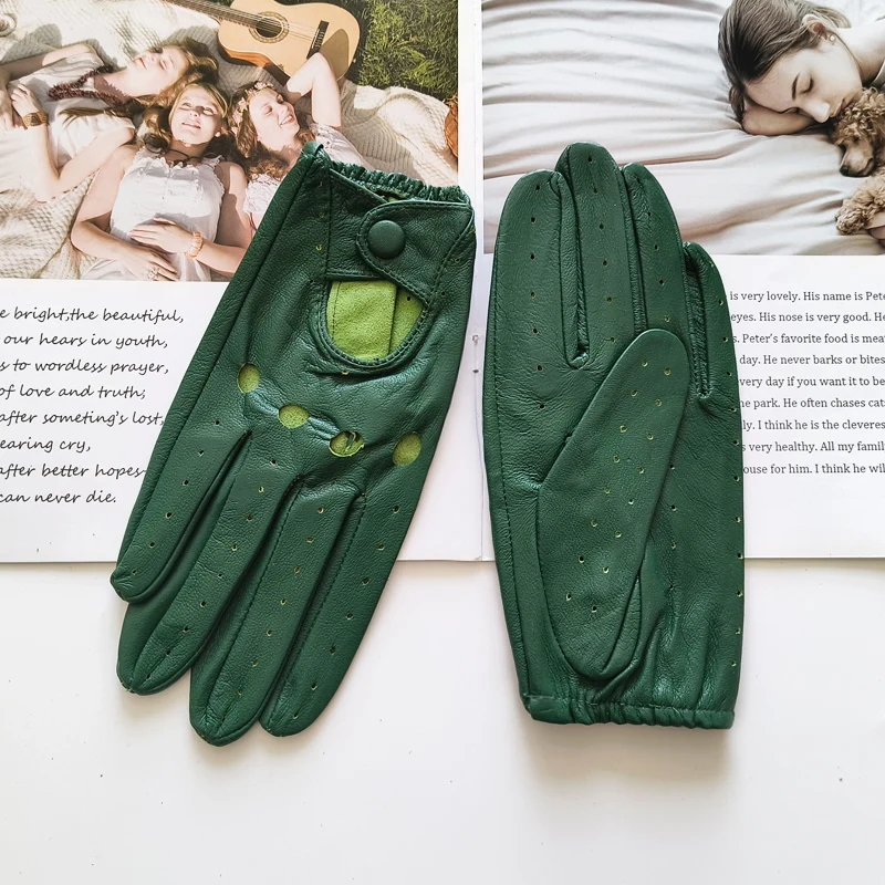 Thin Women's Sheepskin Driver Gloves Summer Breathable Snap Button Colored Genuine Leather Gloves