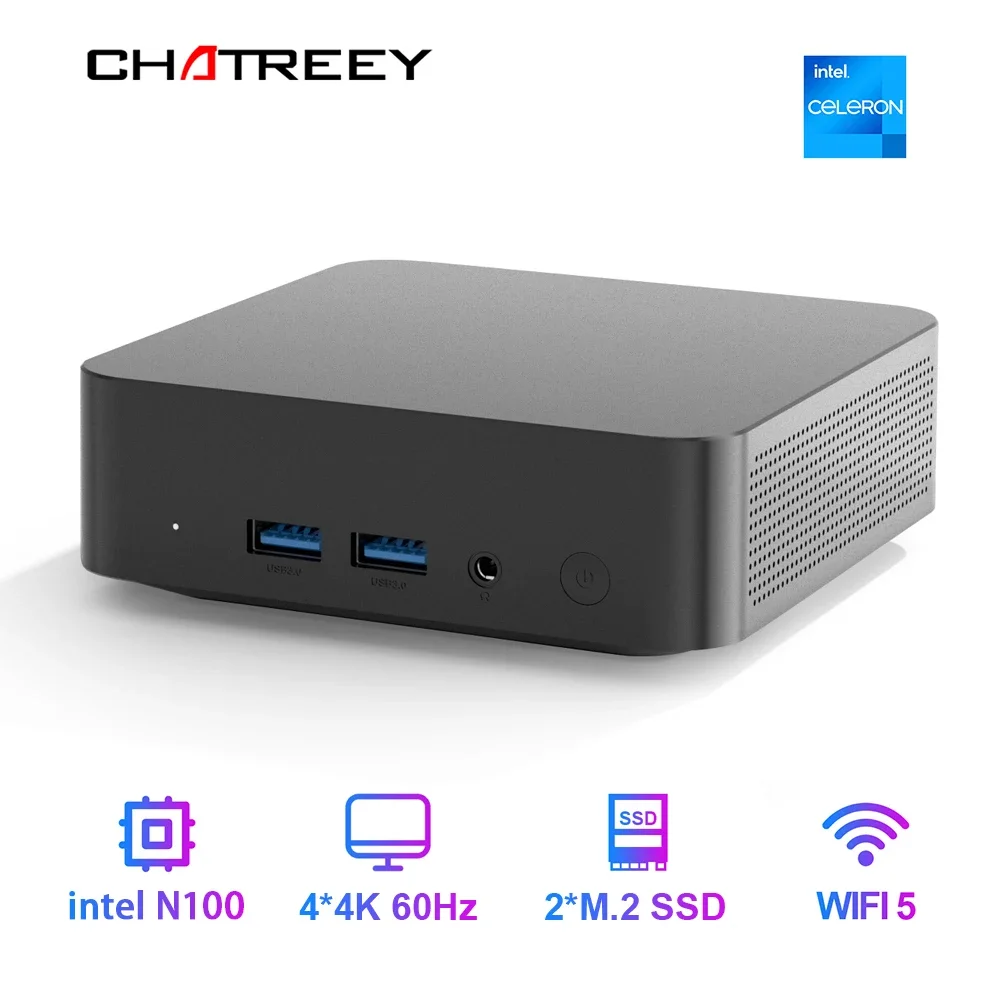 

Мини-ПК Chatreey T9, Intel Alder Lake N100, Windows 11, ультракарманный компьютер, двойной SSD, полнофункциональный Type-C, 4K, 60 Гц, RGB-выход