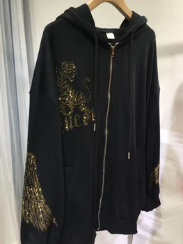 Plus Size Zip-Up Hoodie Tiger Rhinestones Graphic Top Jacket With Pocket for Women Oversized Hooded Sweatshirt Sparkling 2
