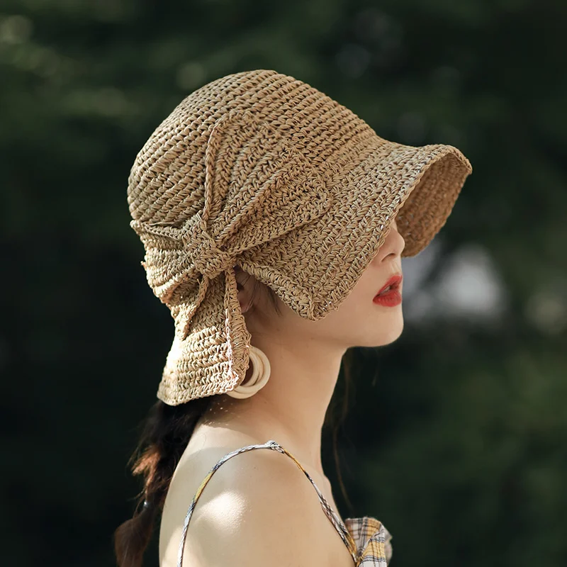 

Simple 100%Raffia Girl Bow Sun Hat Wide Brim Floppy Summer Hats For Women Beach Panama Straw hat Dome Bucket Hat Femme Shade Hat