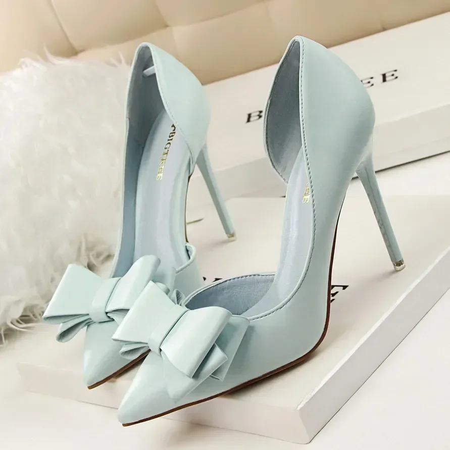 Women 7.5cm 10cm High Heels Kawaii Bowknot Cinderella Pumps Lady Fashion Fetish Blue Pink Yellow Sweet Party Prom Slip On Shoes 2