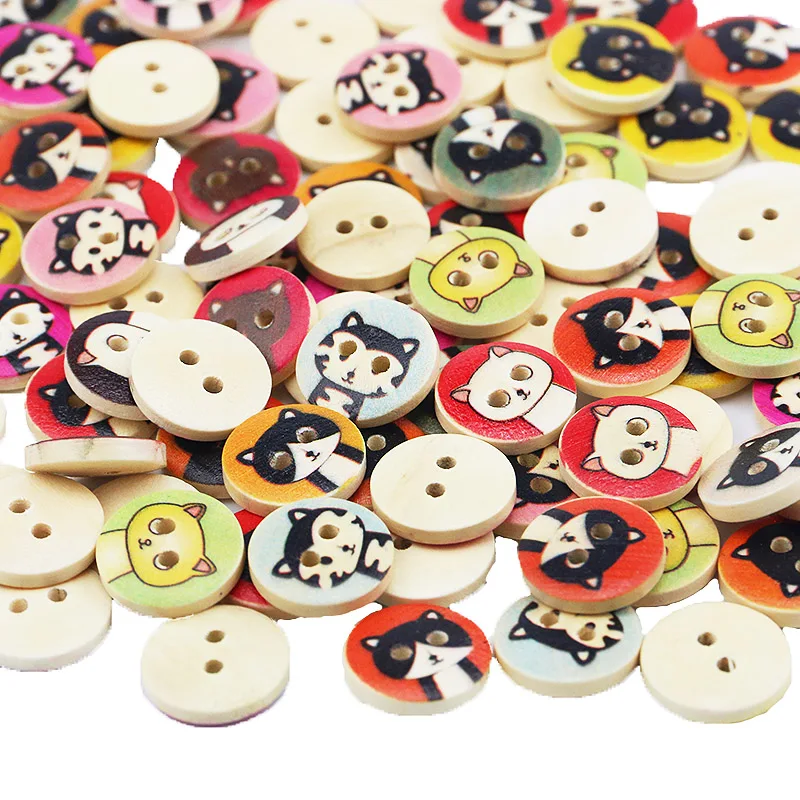 (100 Pieces/pack) 15mm Wide 2-hole Printed Cartoon cat Button Handmade DIY Craft Clothing Decoration Jewelry Button