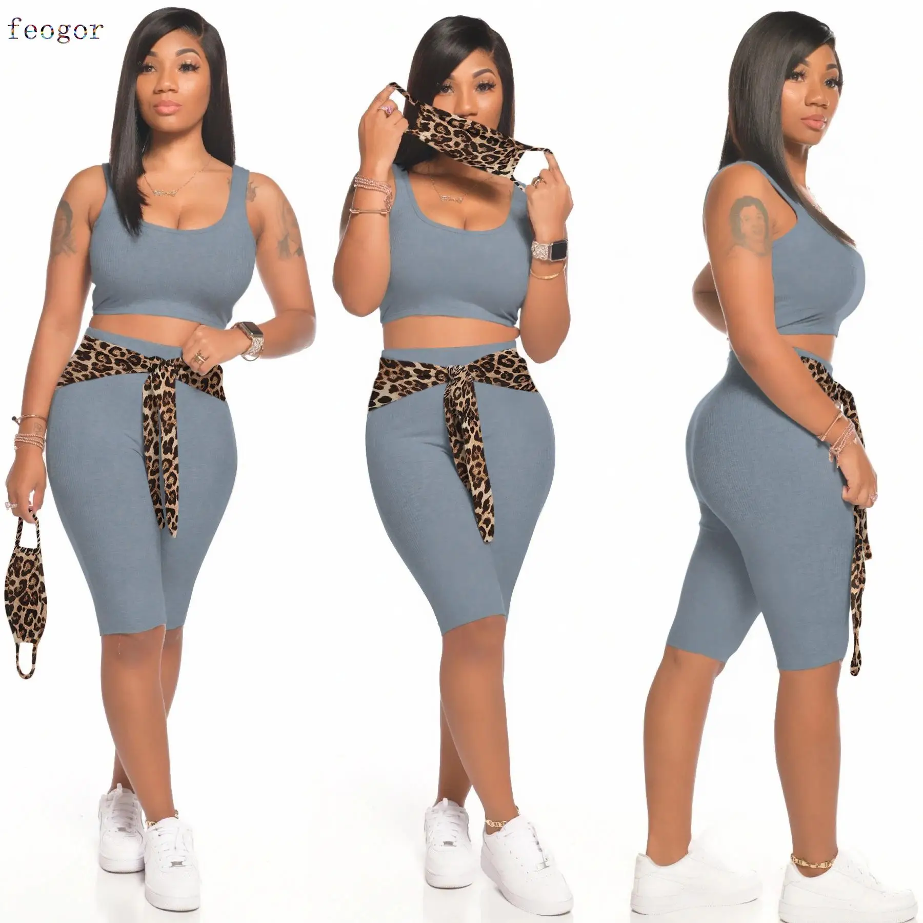 

Urban Casual Streetwear Two-piece suit Women's Vest Shorts Knitted Stripe Leopard Print Casual Sets Women's Clothing 2023 Autumn