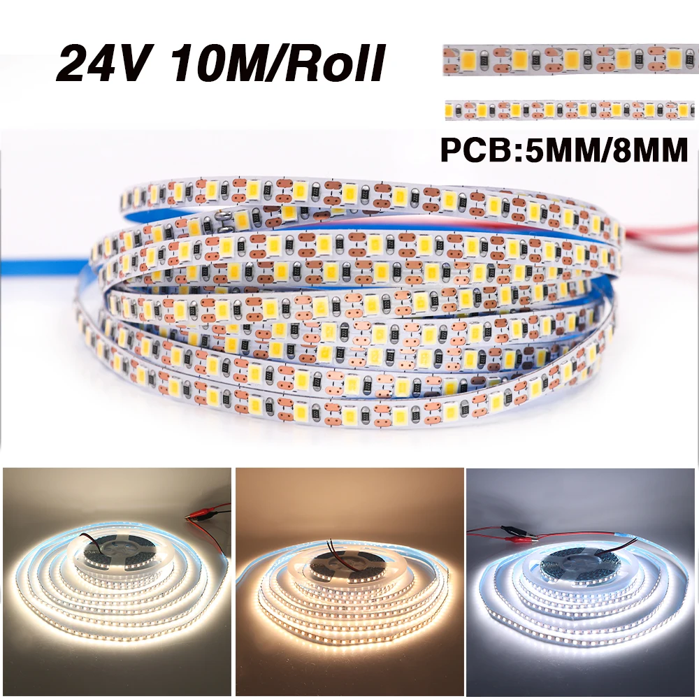 

10 м/рулон Светодиодная лента 24 В постоянного тока 120 светодиодов/м 2835 IP21 белый/теплый/натуральный белый гибкий ленточный шнур Светодиодная лампа