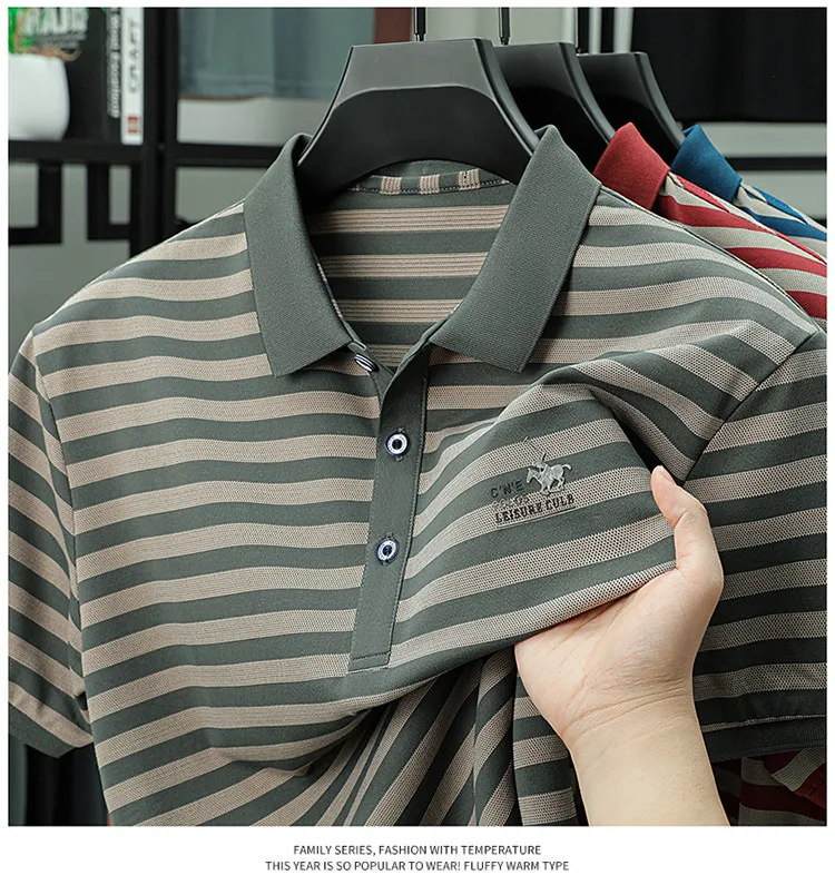 Men Striped Short Sleeve Polo Shirt Business Collar Casual Breathable Comfortable Top 12 undefined