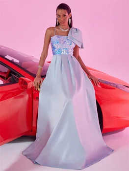 فساتين سهرة أنيقة من الساتان الأزرق برقبة على شكل حرف V طويلة فاخرة للنساء من الساتان بدون أكمام لحفلات الزفاف وحفلات الكوكتيل 3