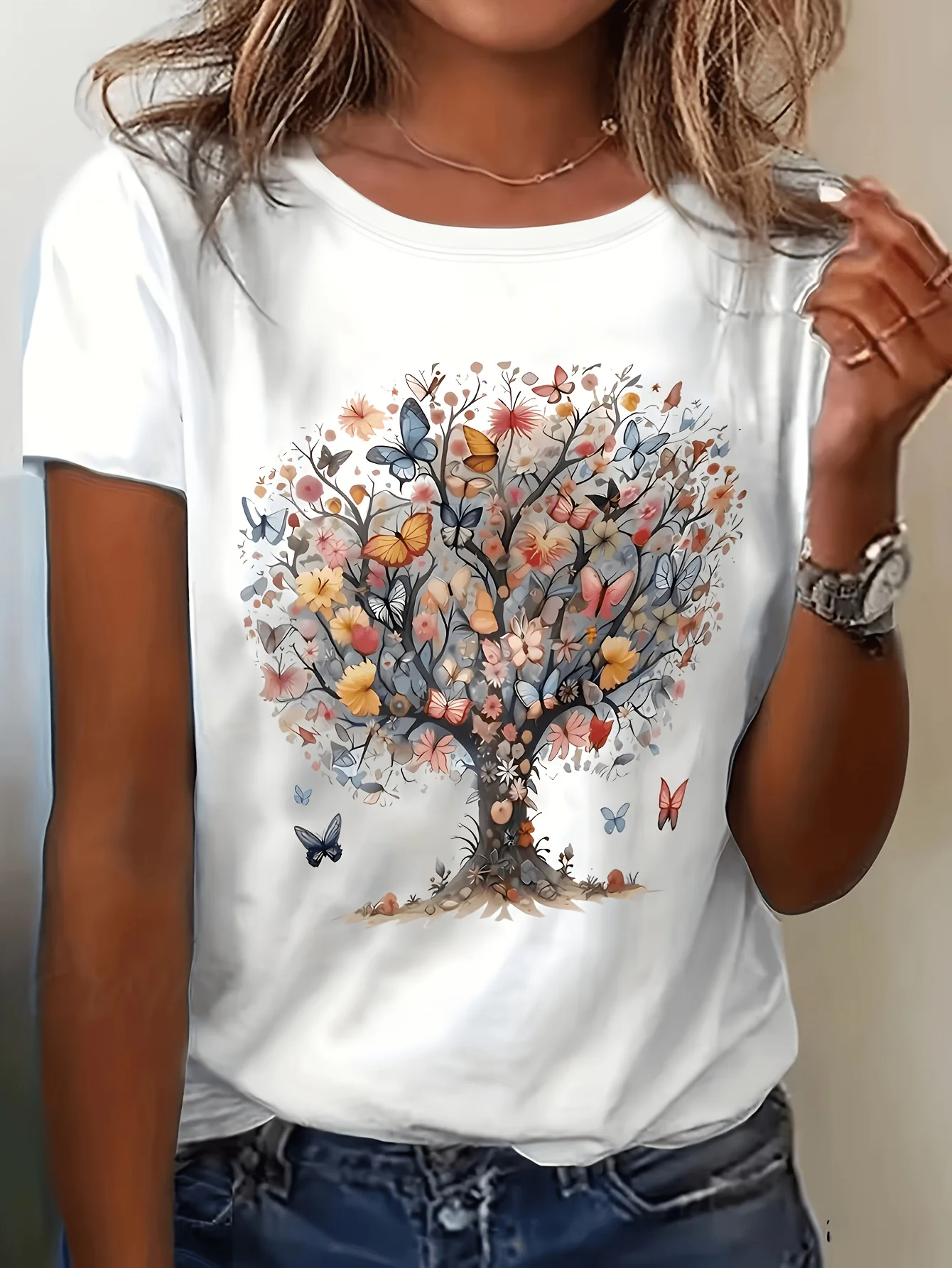 Damen-T-Shirt mit mehrfarbigem Schmetterlings- und Blumenbaum-Print, Rundhalsausschnitt, normales T-Shirt, Frühling, Sommer, kurzärmeliges T-Shirt, Vintage-Kleidung der 90er Jahre