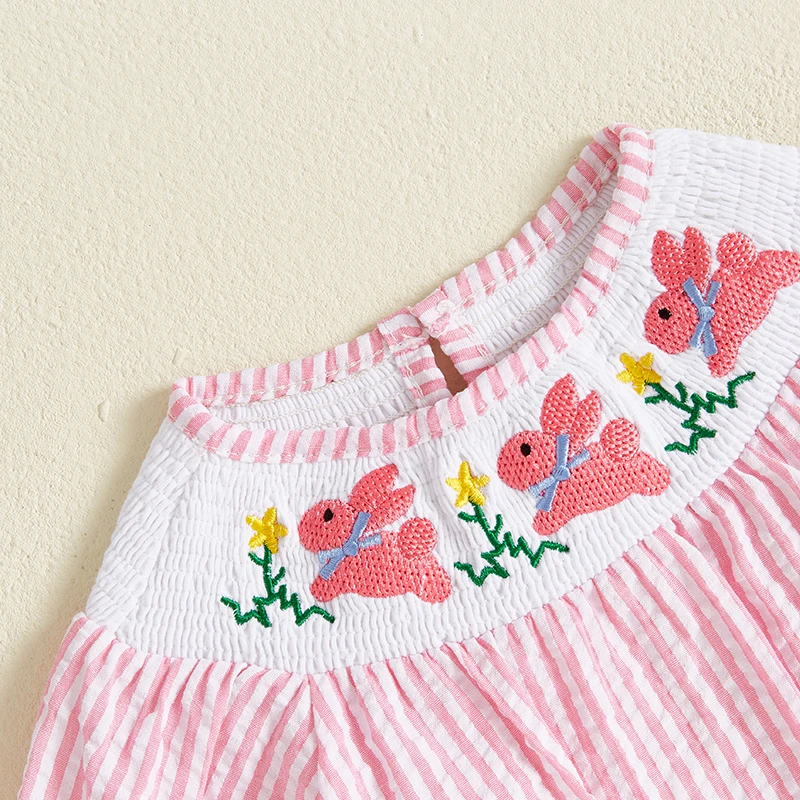 Listenwind Baby Girl Easter Romper Short Puff Sleeve Stripes Print Smocked Bodysuit Sisters Matching Romper Dress Outfit 4