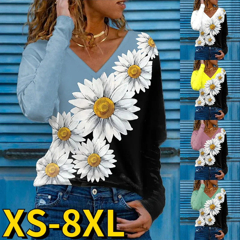 

2022 New Autumn New Elegant Women's Floral Theme Printing T-shirt Sexy V Neck Basic Tops Loose Tee Shirt Everyday Long Sleeve