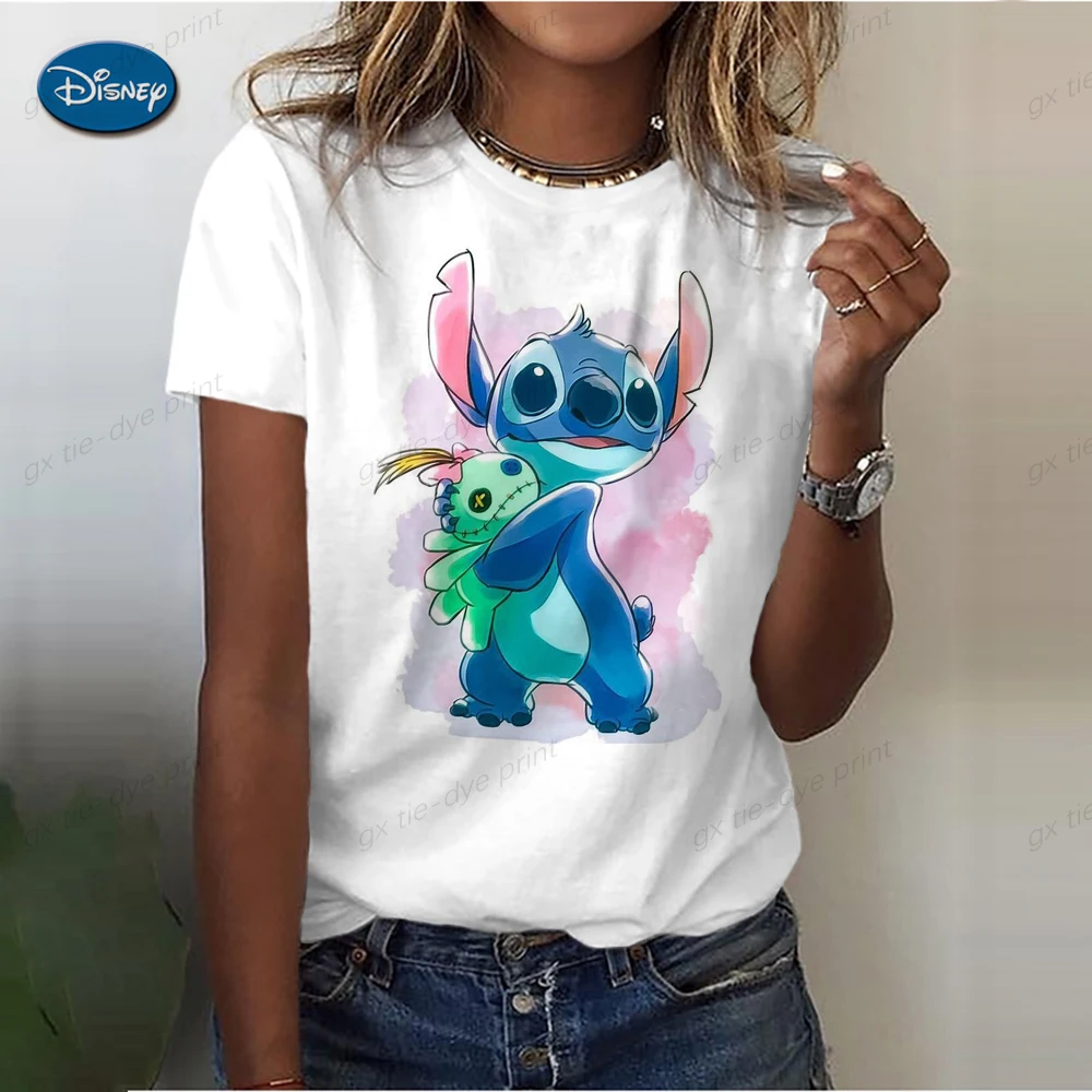 

Summer Women T-shirt Disney Stitch Print Gradient Harajuku T Shirt Short O-Neck Girl Tops Oversized Tee for Ladies Y2k Clothing
