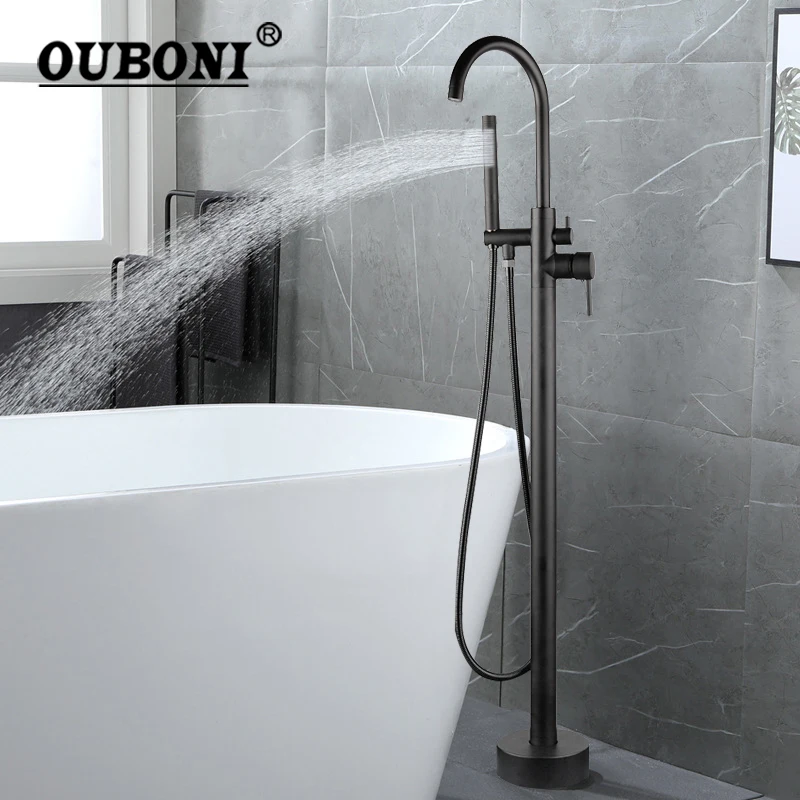 Ouboni Freistehende Badewanne Und Duscharmatur, Massives Messing, Schwarzes Duschsystem, Badezimmerwanne, 360-Schwenkwannenset