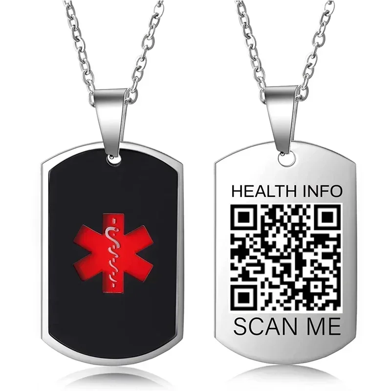 Stainless Steel Medical Alarm ID Necklace Free Carved QR Code