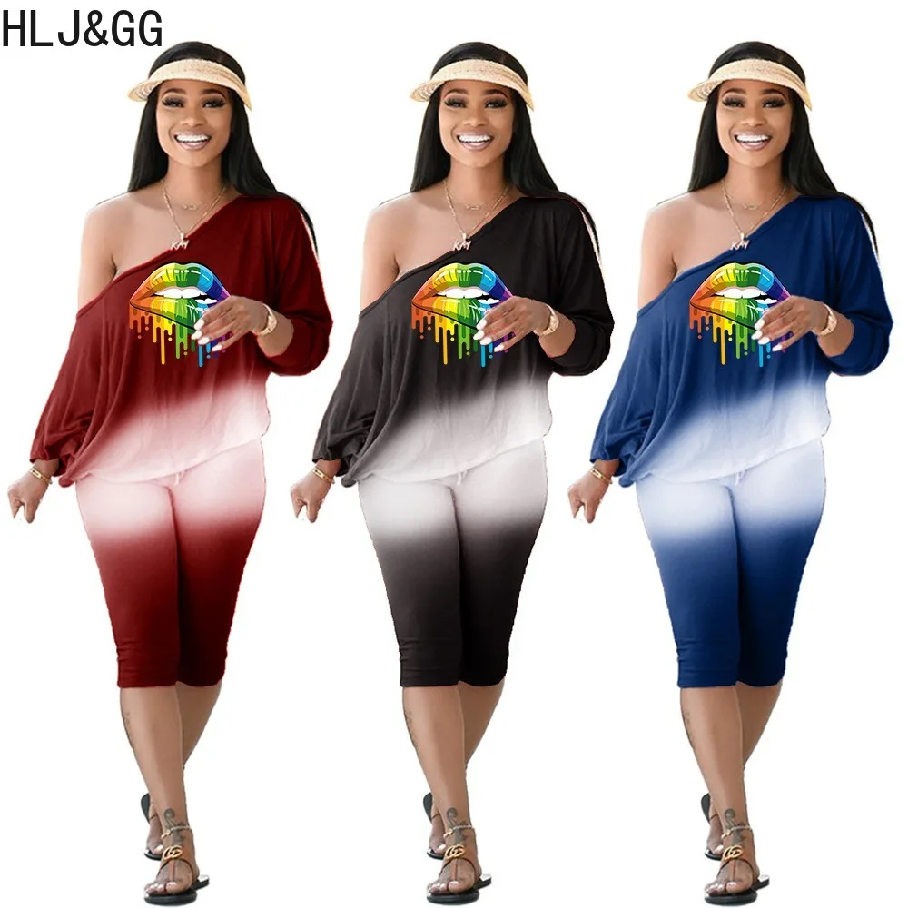 

HLJ&GG Summer New Pattern Gradient Printing Two Piece Sets Women One Shoulder Short Sleeve Top And Biker Shorts Outfits 2024 New