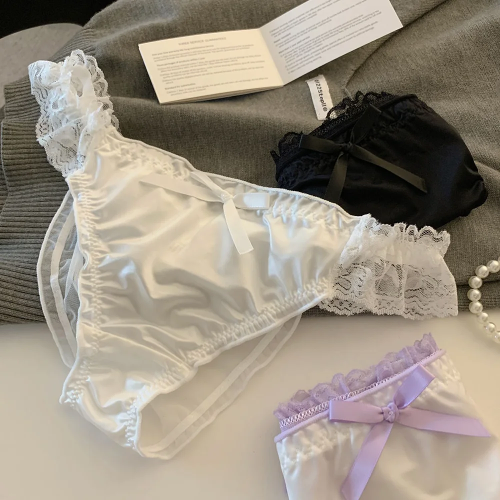 Women's Panties Lace Ruffle Satin Sexy Underwear Women's Low Waist Mesh Hollow Out Panties Sweet Girl Breathable  Briefs Lingeri