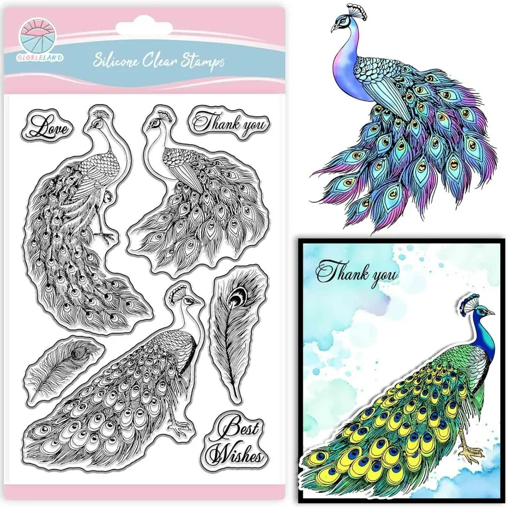 GLOBLELAND Peacock Feathers Clear Stamps - Silicone Transparent Stamps For Card Making & Crafts