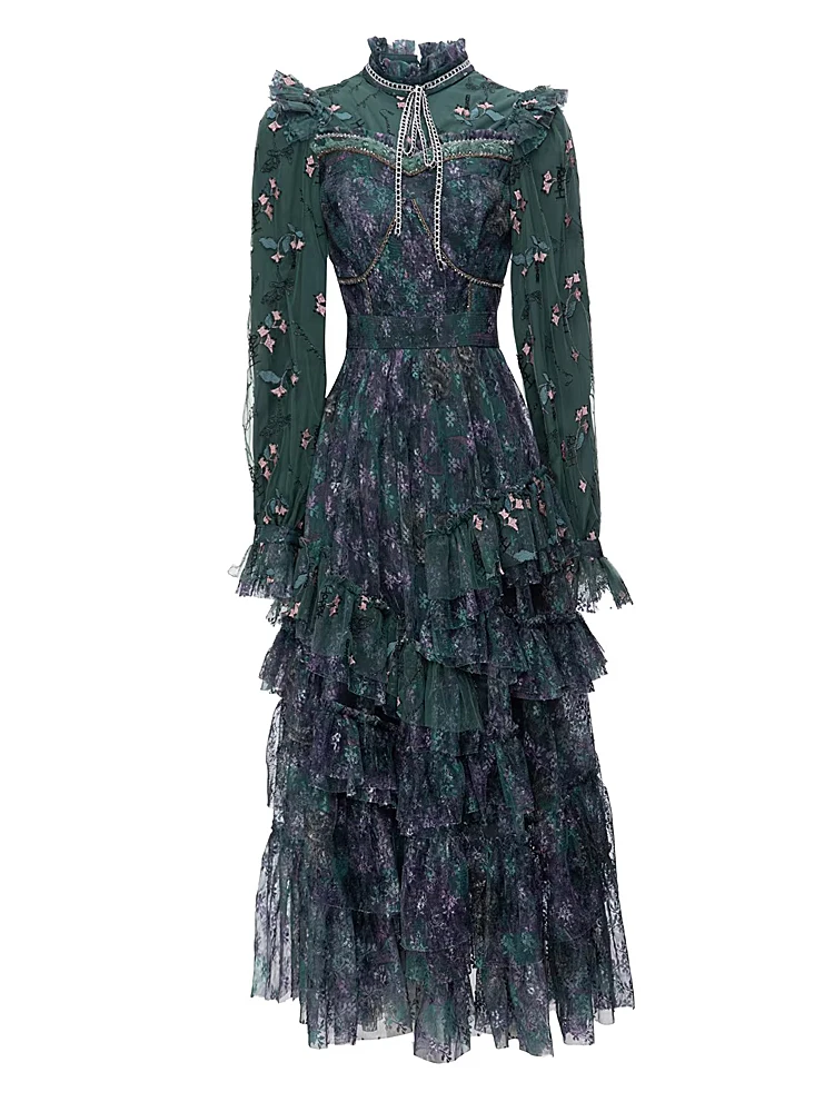 

Dresses Luxury Spring Autumn High Quality New Fashion Ladies Party Green Embroidered Mesh Elegant Casual Chic Slim Midi Dress