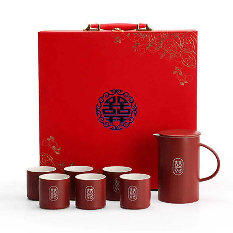 Ceramic Red Wedding Teapot, Porcelain Chinese Style, Double Happiness Tea Pot, Cup Set, Luxury Souvenir Gift for Bride and Groom