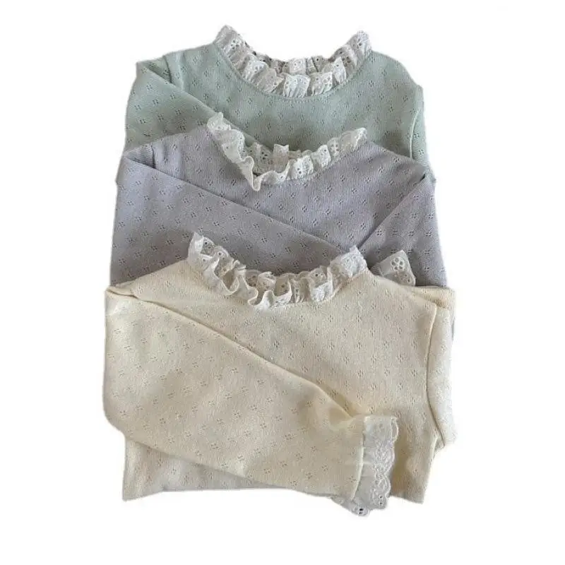 Kids T Shirts Spring Candy Color Tops Hollow-out Lace-up Collar Undershirt Girls Baby Lace Sleeves Bottoming Shirt Cotton Knitwear Shirt