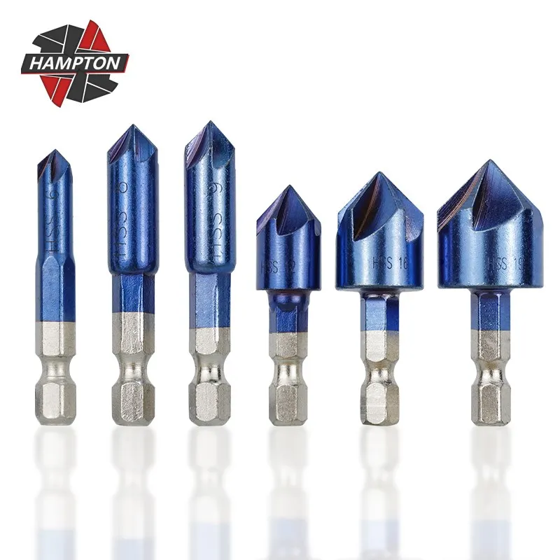 6pcs Countersink Drill Bit Set Hex Shank 90 Degrees Chamfering Cutter 5 Flutes Chamfer Drill Bit Nano Blue Coated Chamfer Tool