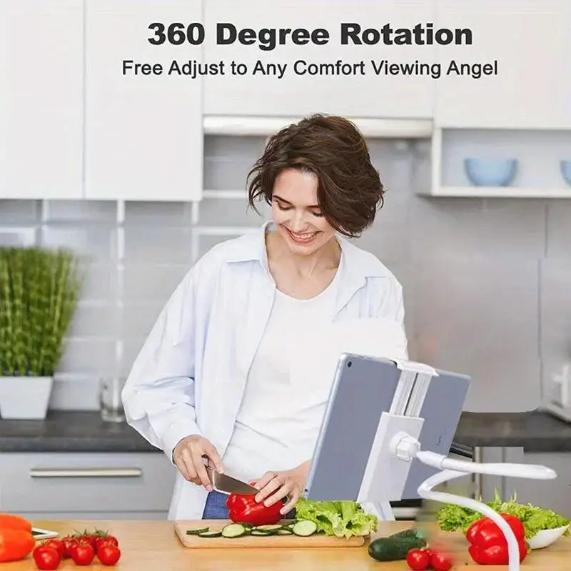 Weißer Tablet-Ständer mit 360-Grad-Drehung, flexiblem langem Arm und verstellbarer Klemmhalterung, ausgelegt für die Montage am Bett, ist von der Rückseite gezeigt.