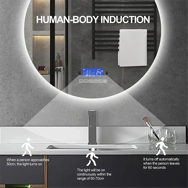 Dimmable LED Smart Round Wall Mounted Bathroom With Body Induction Anti-Fog Bluetooth Backlit Light Vanity Mirror