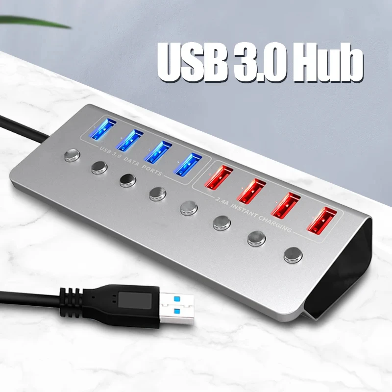 Powered Usb Hub 3.0 8-port Splitter Uma Porta de Carregamento Inteligente Individual on Off Switches 5v 3a Adaptador de Alimentação de Extensão