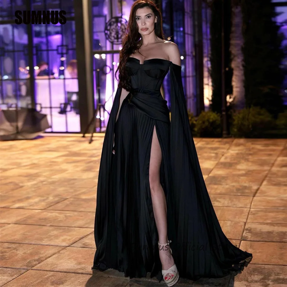 

SUMNUS Black A Line Evening Dresses Off The Shoulder Sweetheart Party Dress For Women Pleats High Slit Sexy Celebrity Prom Gowns
