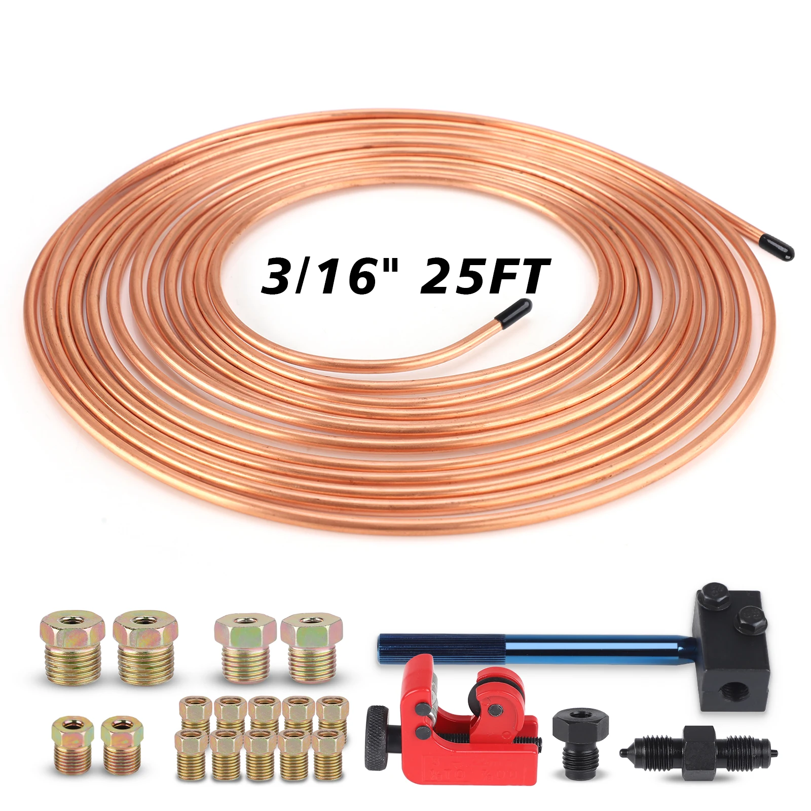 25Ft 3/16" OD Copper Nickel Alloy Brake Line Pipe Tube Double Flaring Tool Tubing Cutter 16PCS Tube Nuts Repair Kit CNSPEED