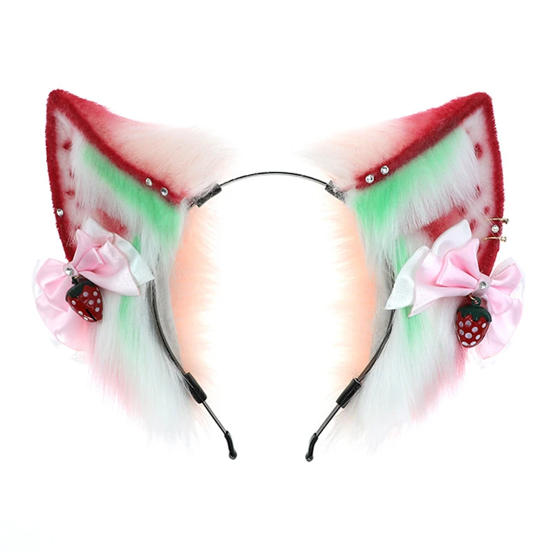 

Милые кошачьи ушки красный хвост клубничный колокольчик животное Лолита KC Косплей головной убор розовый синтетический мех металлическая повязка на голову котенок волк лиса