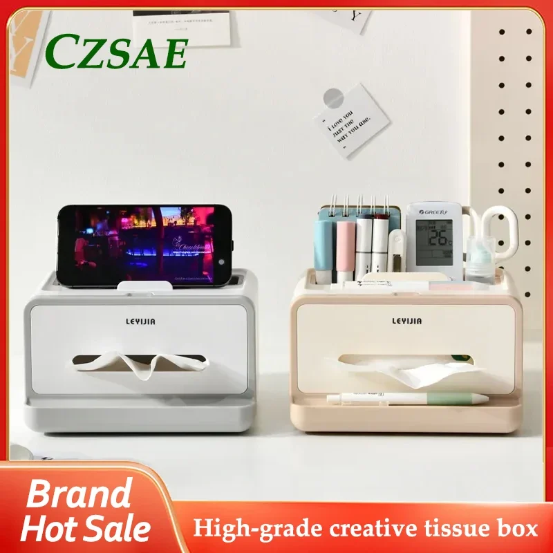 

High-grade Creative Multifunctional Desktop Tissue Box Restaurant Living Room Bedroom Tissue Storage with Cell Phone Holder