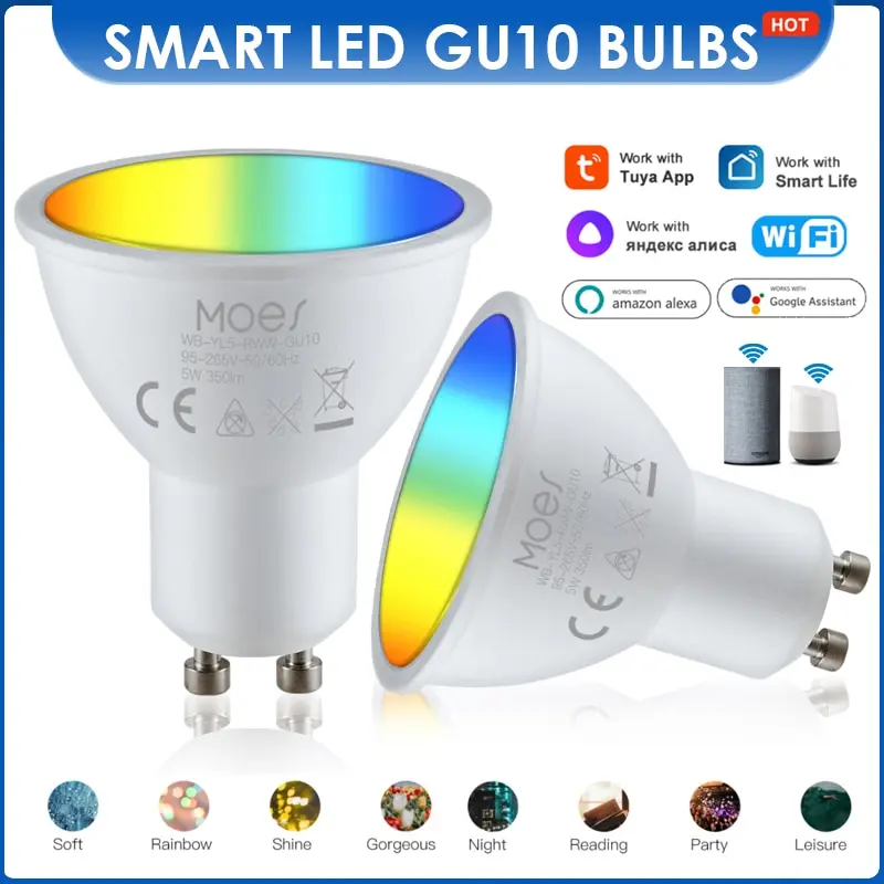 Ampoule LED connectée, Tuya GU10, wi fi, RGB CW blanc, 5W, lampes à