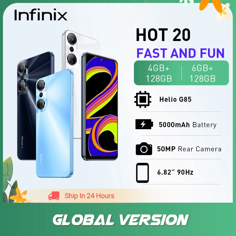  *World Premiere*Infinix HOT 20 4GB 128GB Smartphone 6.82inch 90HZ Screen Helio G85 Mobile Phone 50MP Rear Camera 5000mAh Battery