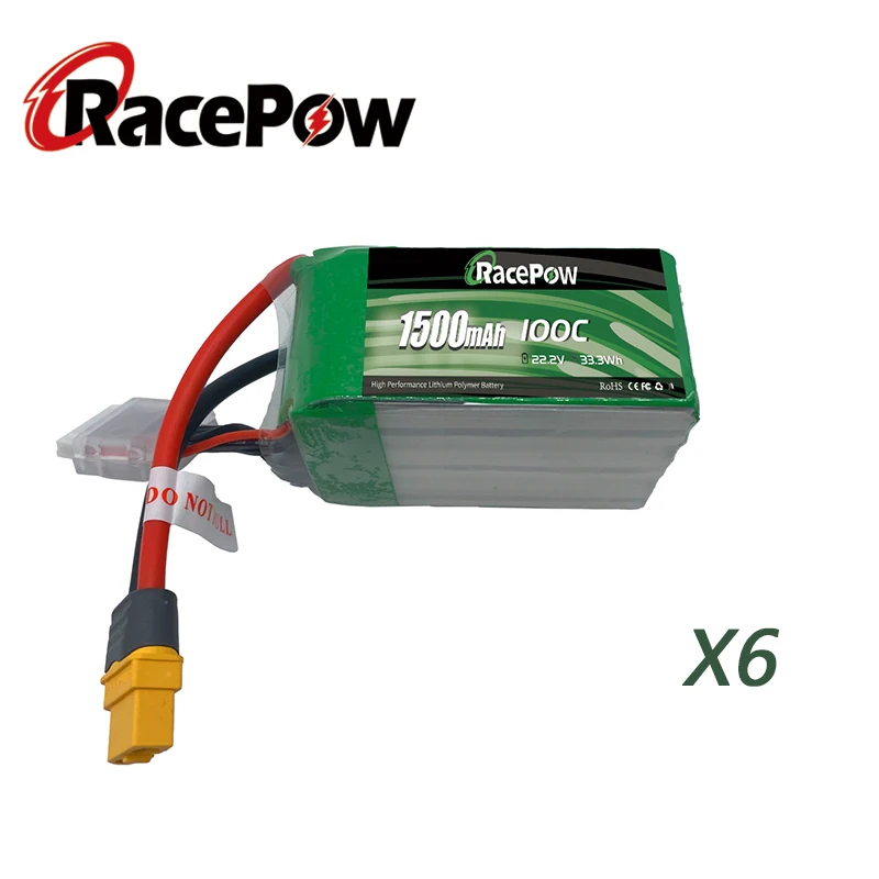 

RacePow 1500 мАч 22,2 в 6S 100C RC Lipo батарея с разъемом XT60 для FPV гоночного дрона квадрокоптера Vortex LRC Freestyle V1 6 шт.