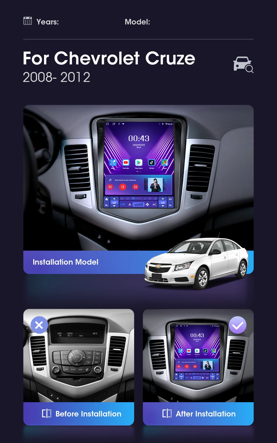 Srnubi Android 14 für Chevrolet Cruze 2008-2014 Carplay Autoradio Multimedia-Videoplayer Navigation 9,7 Zoll vertikaler Bildschirm RDS DSP – Detail 3