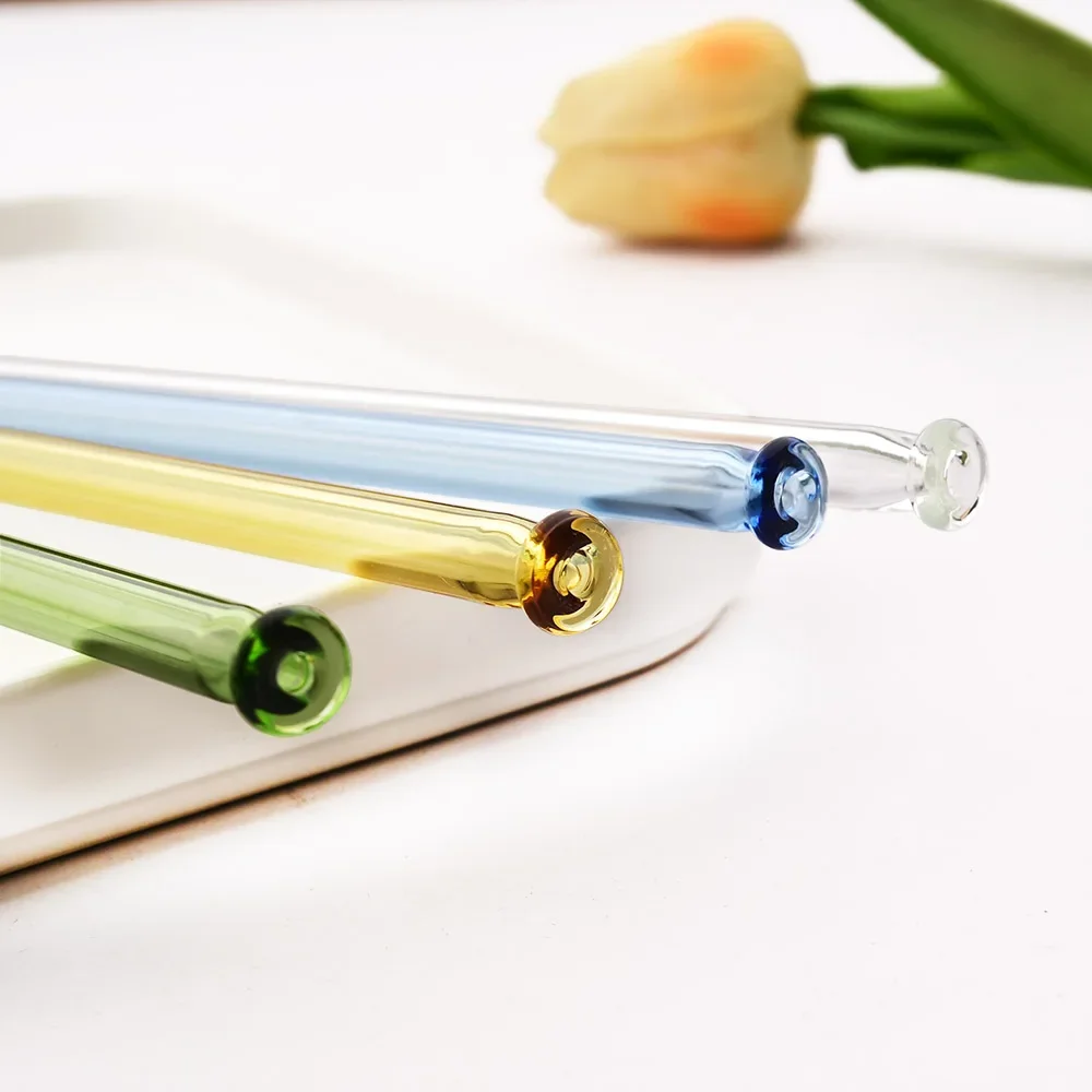 5Pcs 컬러 유리 빨대 및 청소 브러시 ??내열성 차가운 음료 구부러진 빨대 재사용 가능한 빨대 200mm 마시는 빨대 세트