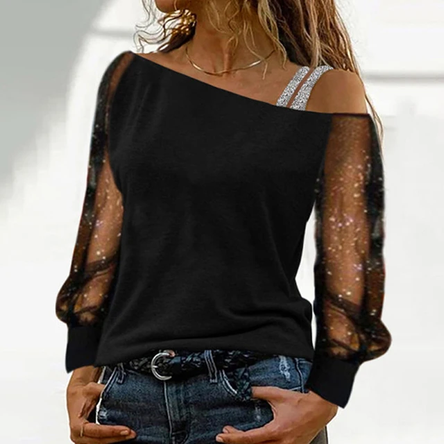 Camiseta de manga larga de malla de encaje para mujer, blusa informal con hombros descubiertos, ropa de alta calidad, Sexy, talla grande, otoño - Image 3
