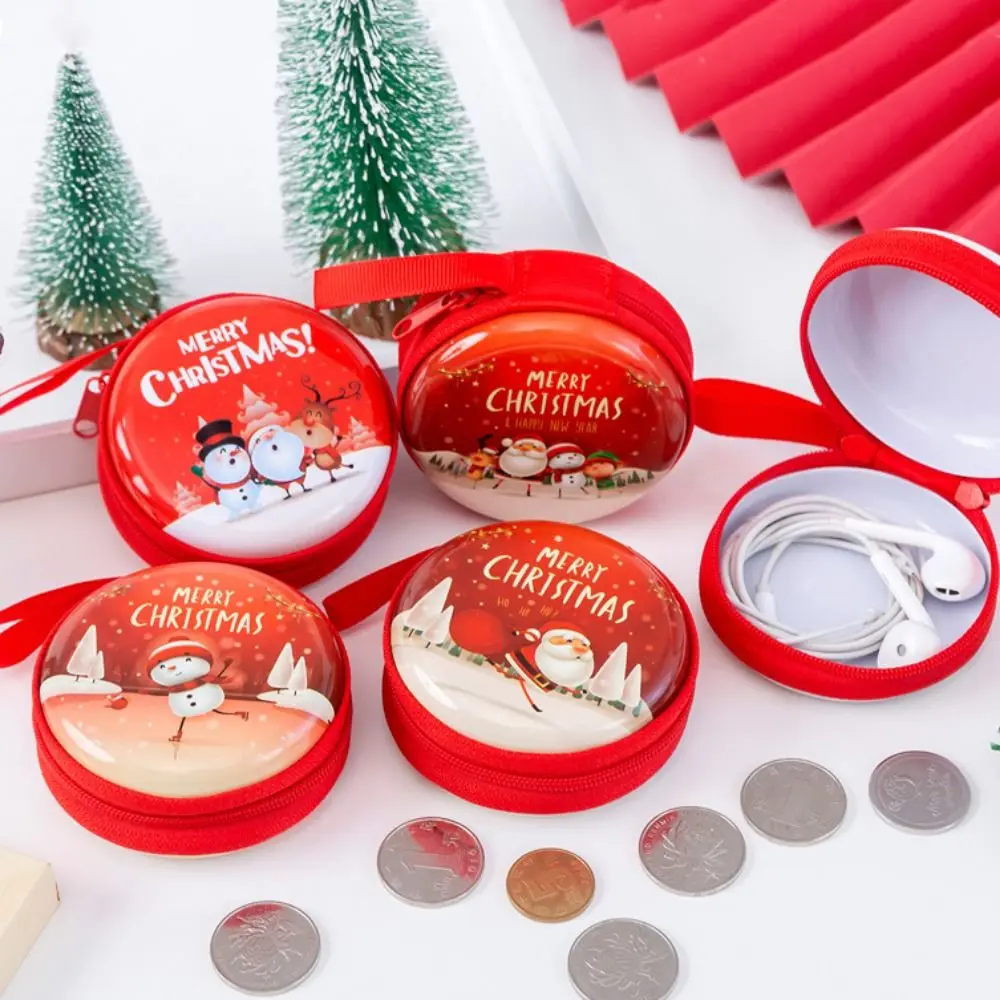 Merry Christmas Ornament Cute Tinplate Coin Purse Mini Wallet Keyrings Red Round Shape Pocket Bags Snowman Elk Santa Claus