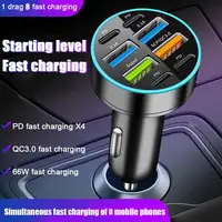 Car Digital Display Charger 66W Car Charger with 4 USB Ports PD Fast Charging Adapter with Halo Light for Multi Device Charging