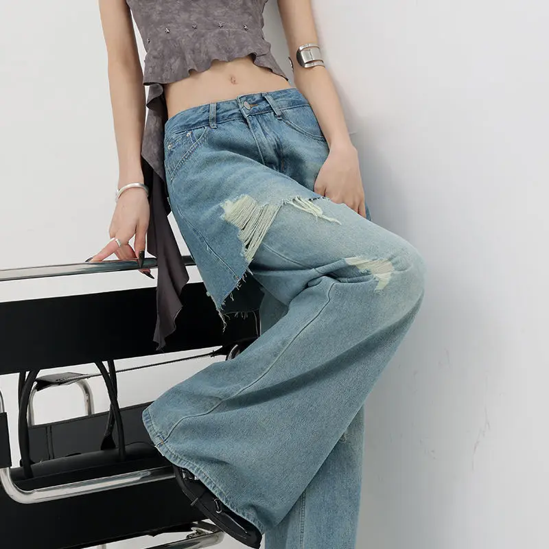 Jeans Fake Two Pieces Edge Whiskers Patchwork  Wrap-Around Wide High Leg Denim Pants Women Vintage Raw Rise Baggy Jeans Korean