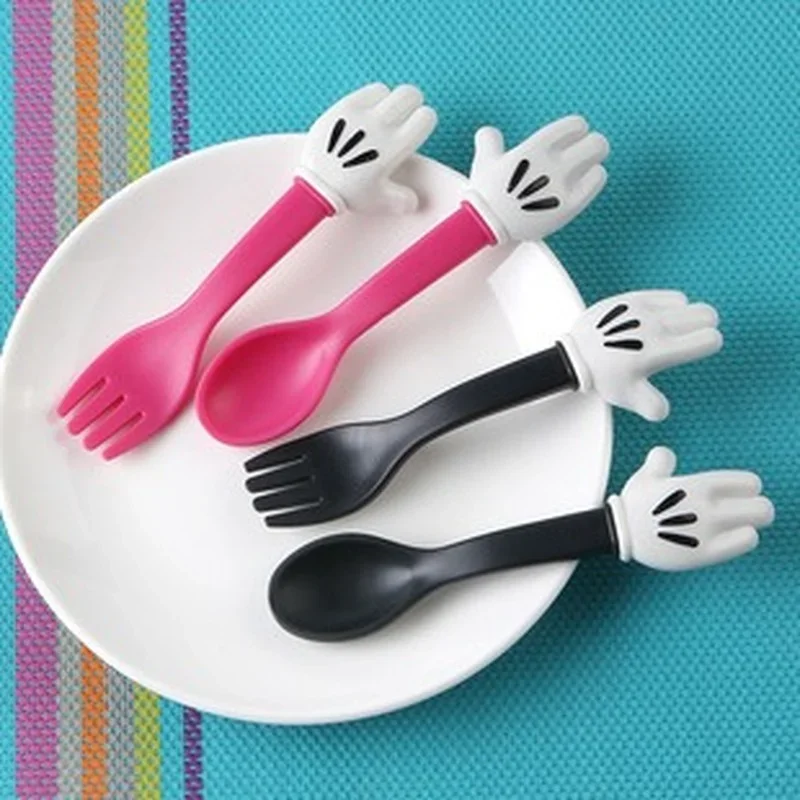Kids Tableware Disney Mickey Minnie Mouse Wheat Straw Kids Dishes Cartoon Cute Tableware Stainless Steel Set Dinner Children Feeding Spoon Fork