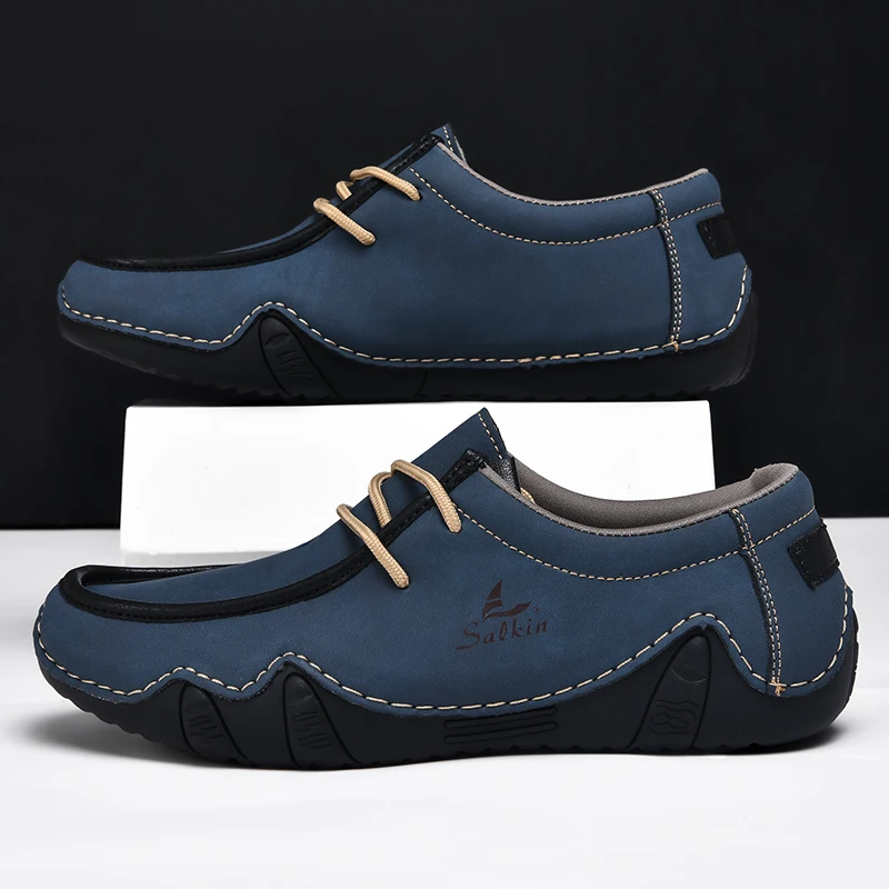 New 2024 Autumn Handmade Leather Casual Men Shoes Design Fashion Sneakers Man Loafers Breathable Low Top Flat FootWear Driving 2
