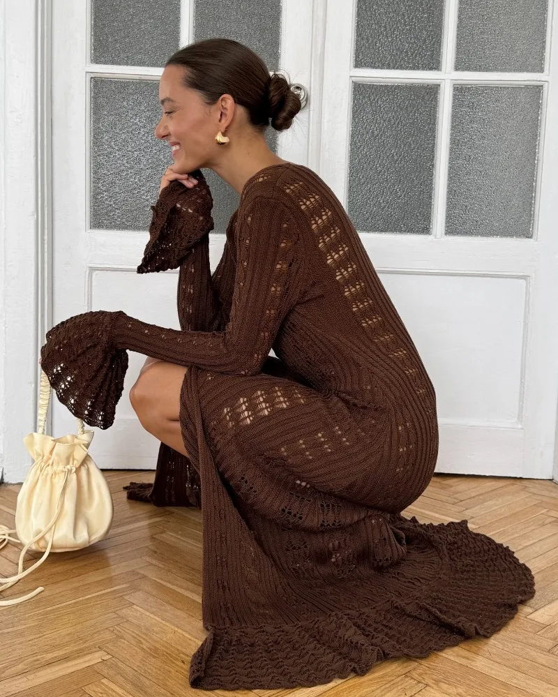 Deep V Neck Long Cardigan Dress - Elegant Hollow Knit Cover Up for Women