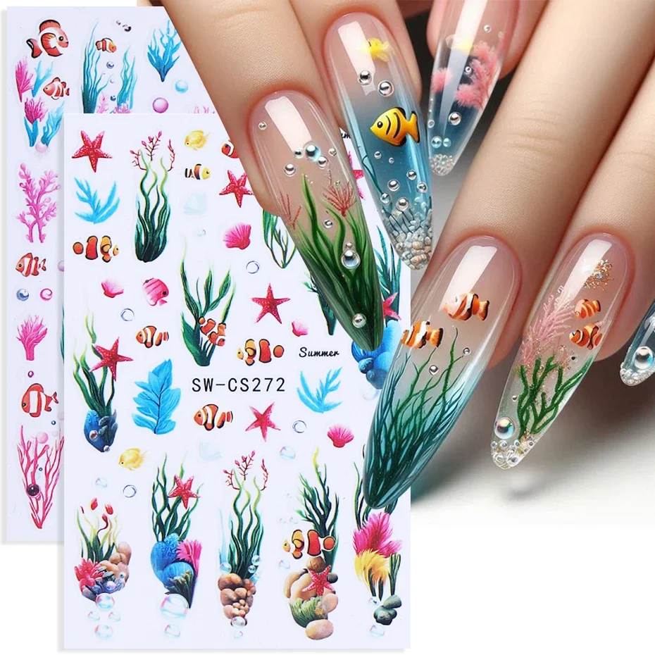 2pcs Ocean Animal Nail Art Stickers 3D Summer Starfish Shell Seaweed Fish Design Adhesive Sliders Nail Decals DIY Manicure Decor