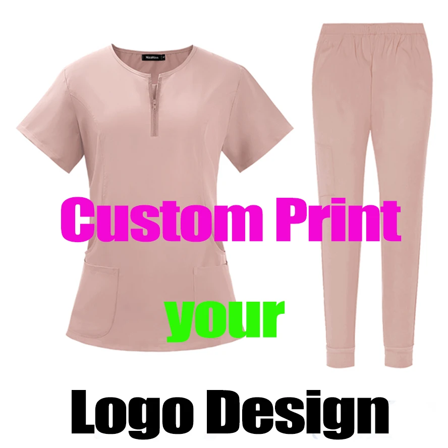 Custom Print Logo Women Salon Beauty Scrub Set Medical Uniform Nurse